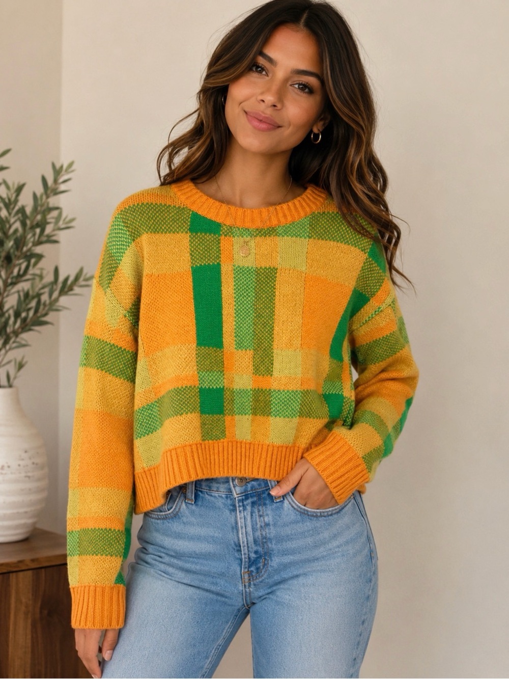 🍂 ONLY Colorful Plaid Knit Sweater – Size Medium 🍂